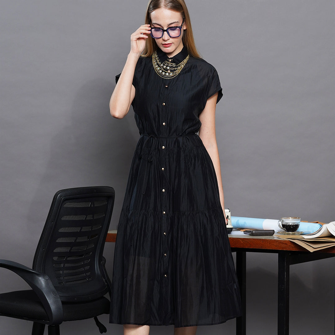Laxa Lustrous Tiered Midi Shirt Dress with Belt