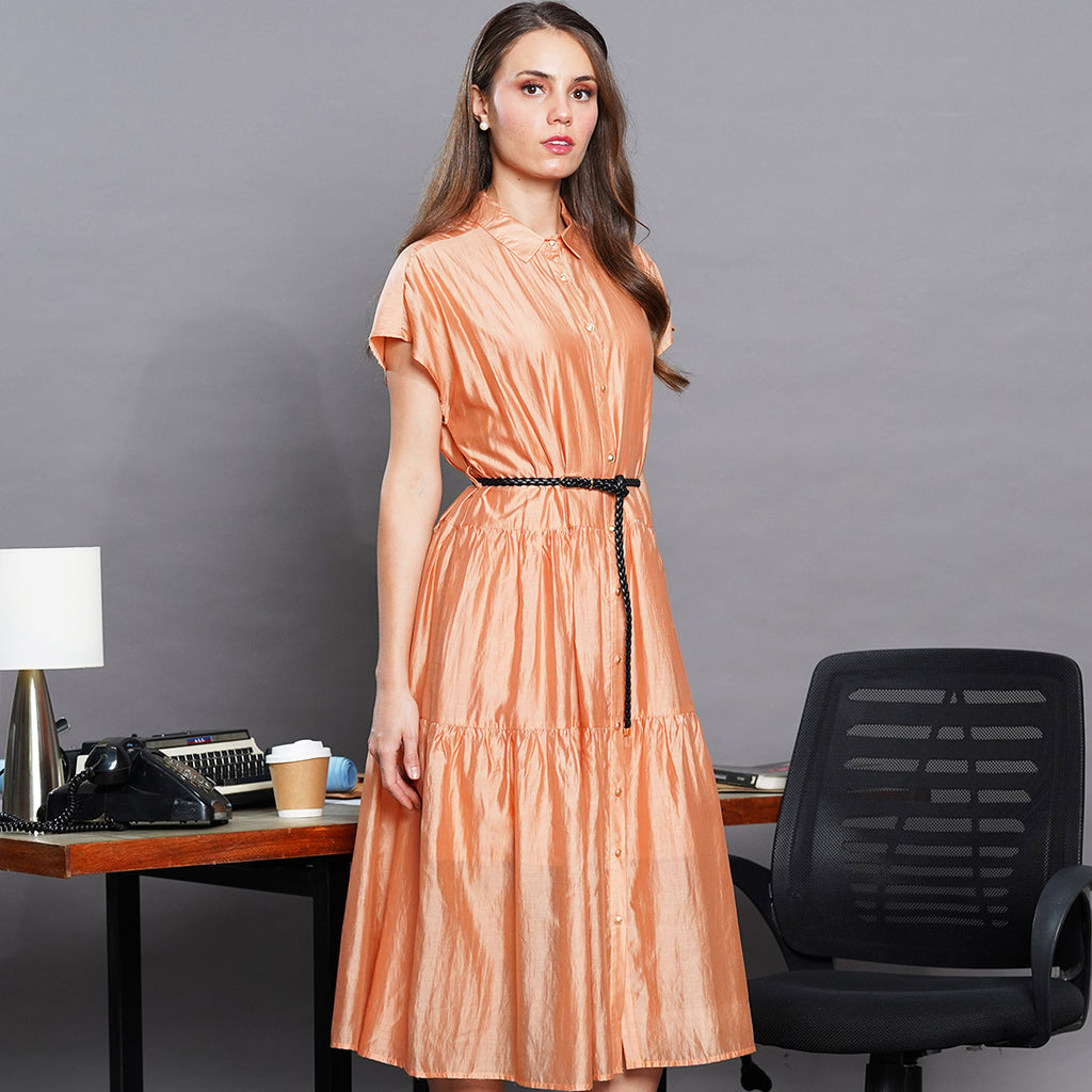 Laxa Lustrous Tiered Midi Shirt Dress with Belt