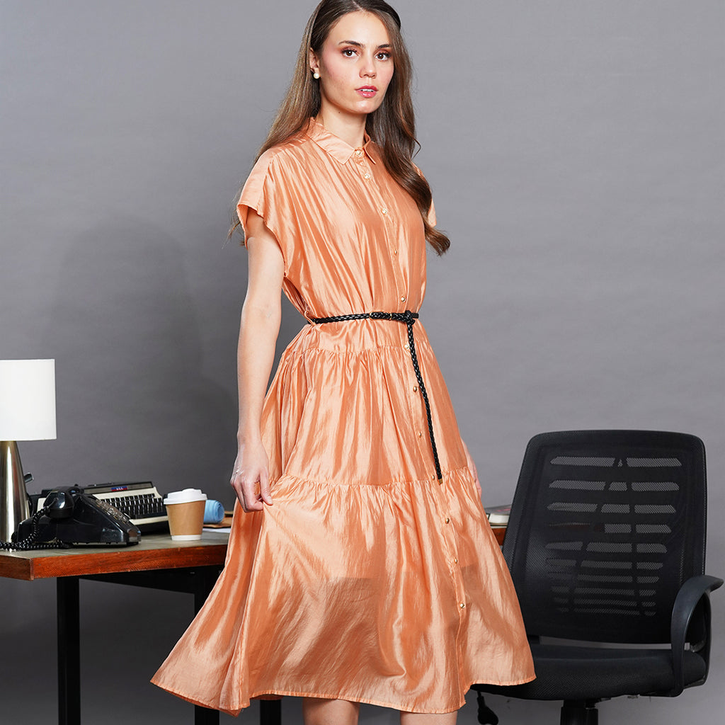 Laxa Lustrous Tiered Midi Shirt Dress with Belt