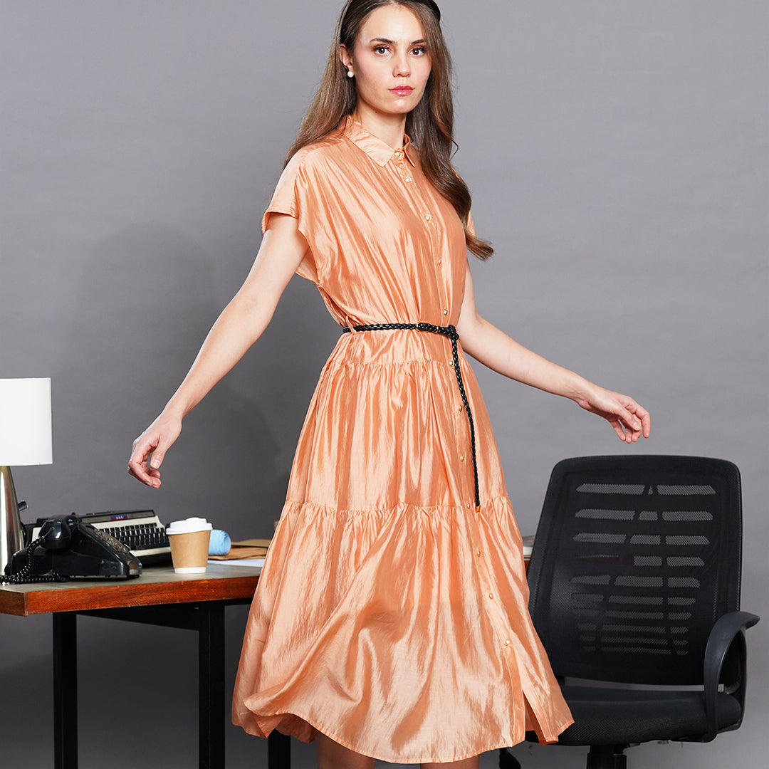 Laxa Lustrous Tiered Midi Shirt Dress with Belt