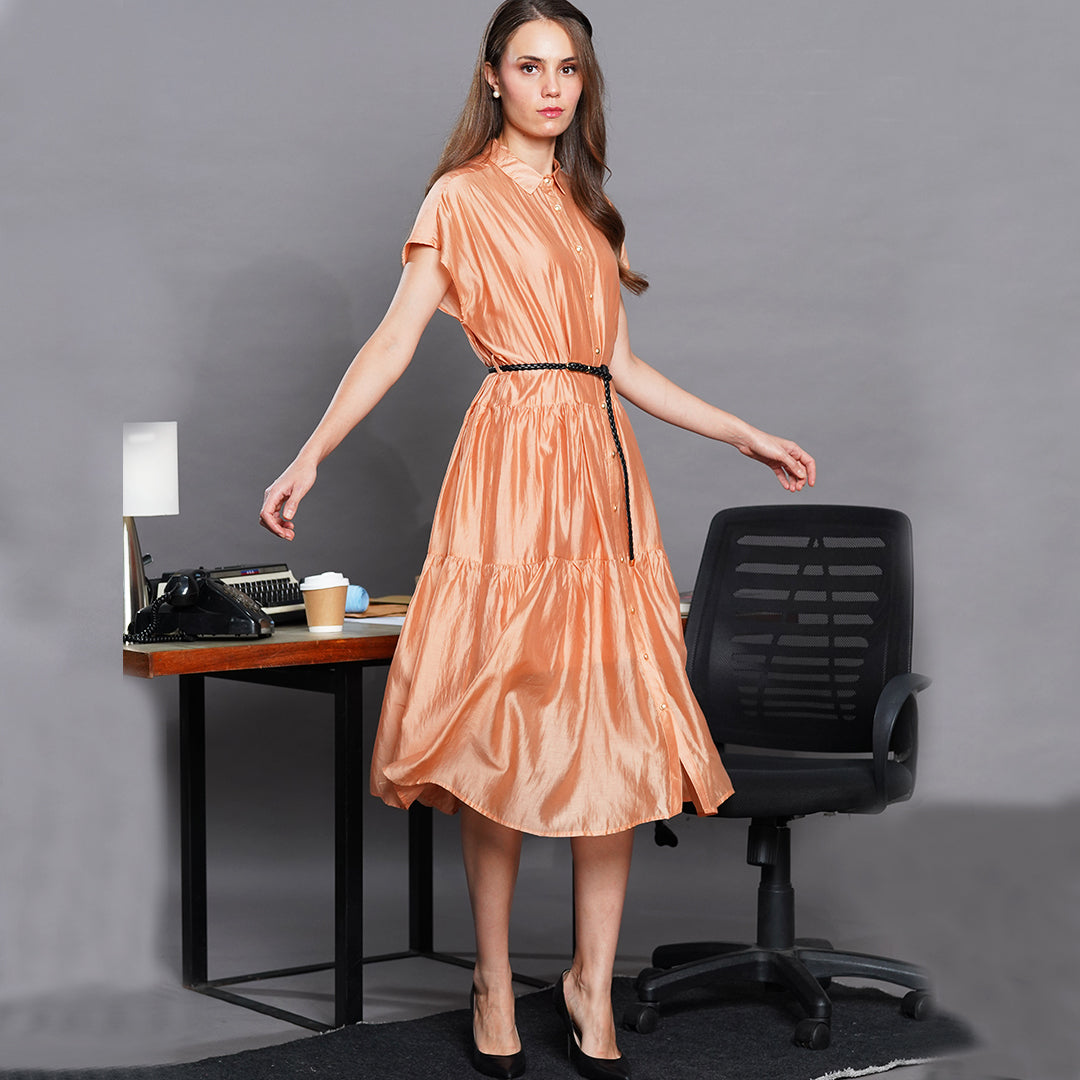Laxa Lustrous Tiered Midi Shirt Dress with Belt