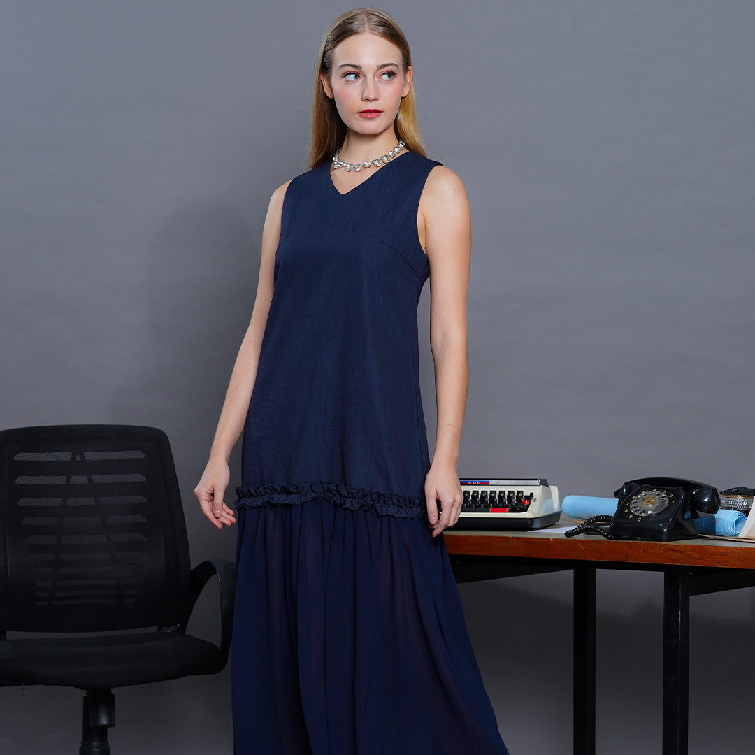 Laurena Midnight Pleated Mixed-Media Maxi