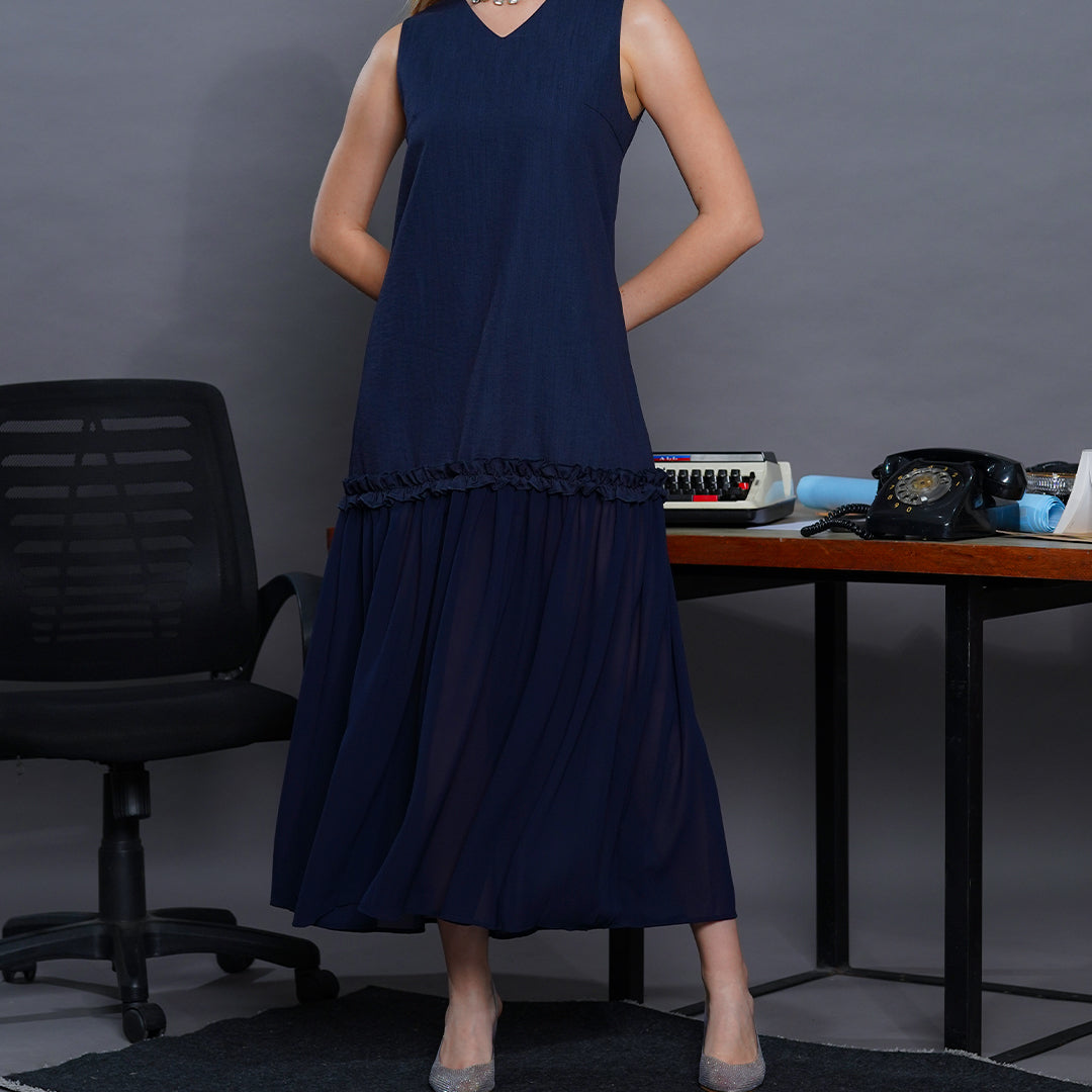 Laurena Midnight Pleated Mixed-Media Maxi