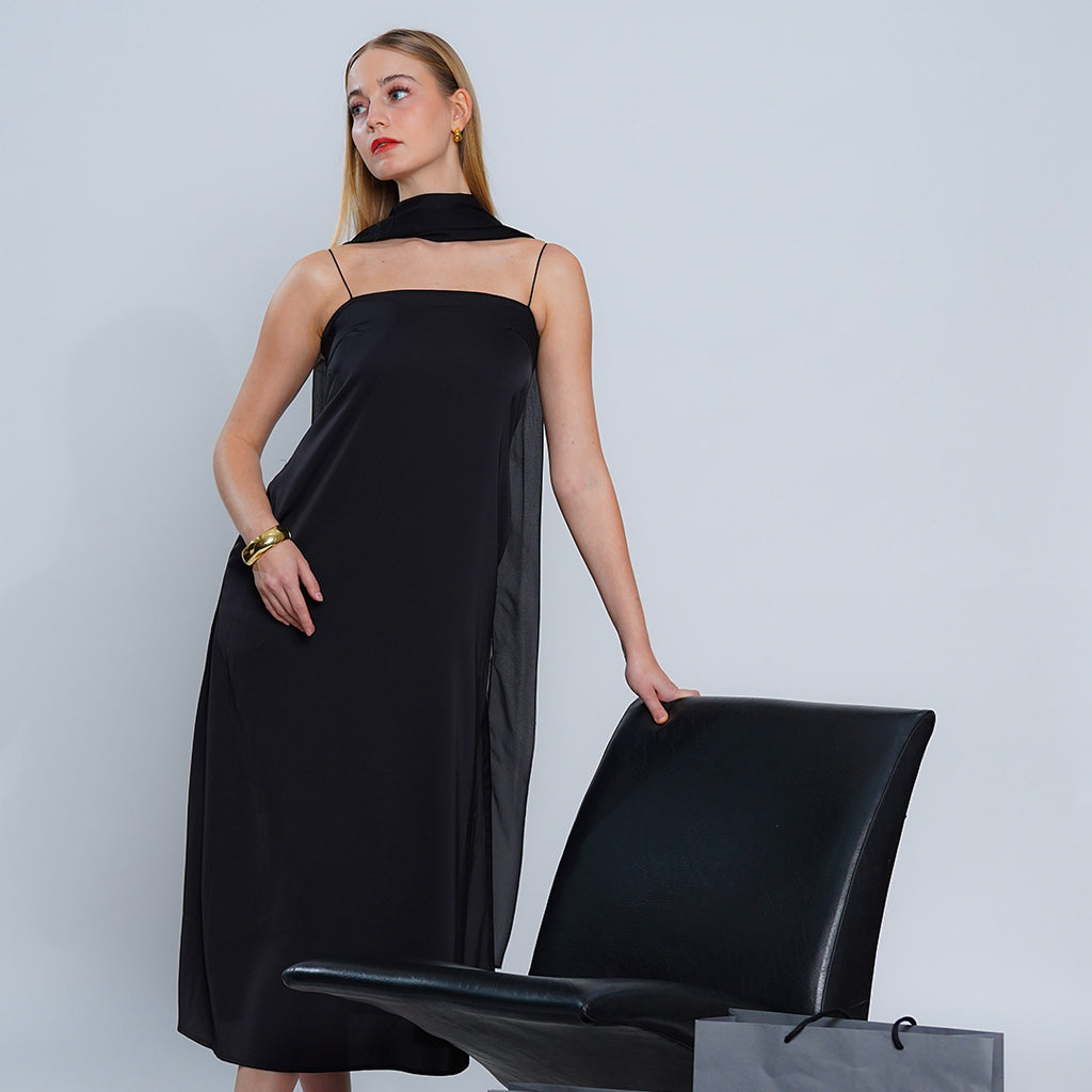 Lillian Ivory Midi Dress with Integrated Chiffon Scarf