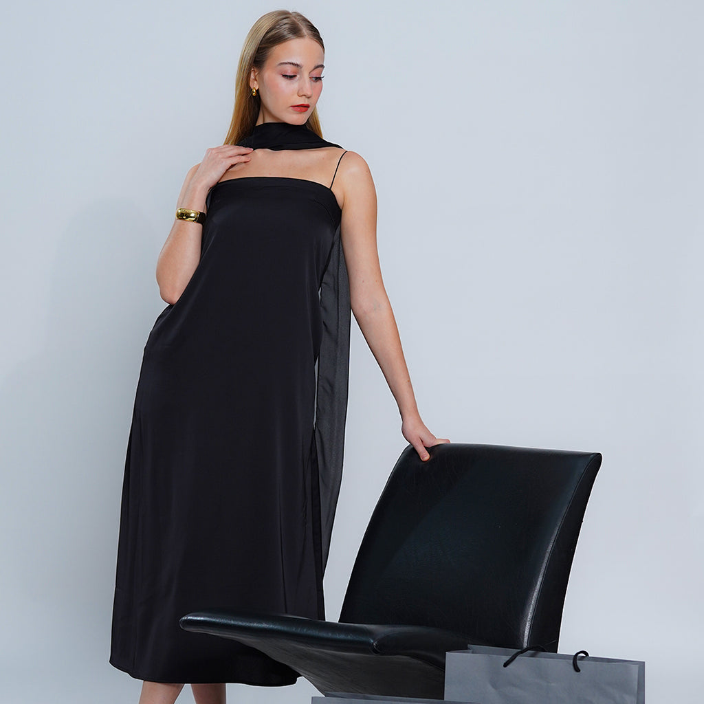 Lillian Ivory Midi Dress with Integrated Chiffon Scarf