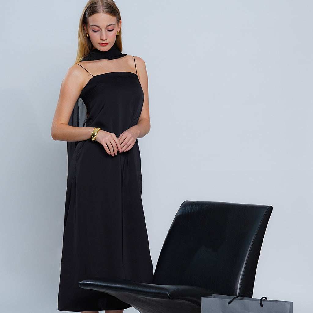Lillian Ivory Midi Dress with Integrated Chiffon Scarf