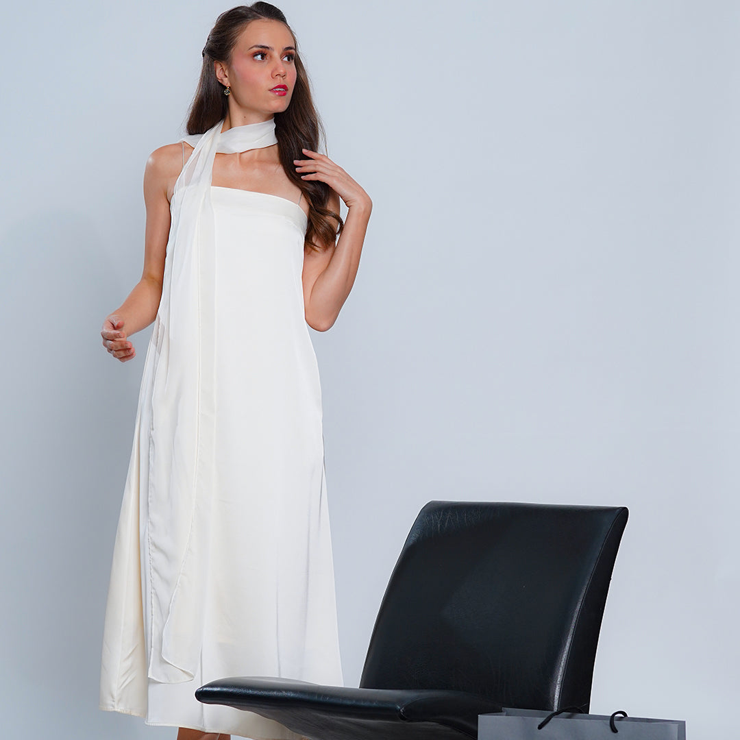 Lillian Ivory Midi Dress with Integrated Chiffon Scarf