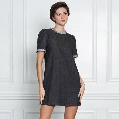 Gianna Elegant Tweed-Trim Denim Mini Dress