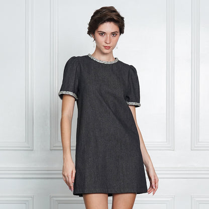 Gianna Elegant Tweed-Trim Denim Mini Dress