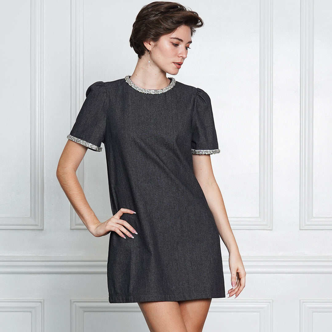 Gianna Elegant Tweed-Trim Denim Mini Dress