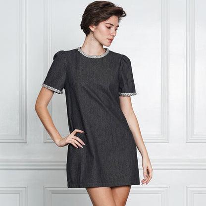 Gianna Elegant Tweed-Trim Denim Mini Dress