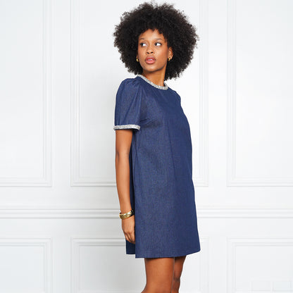 Gianna Elegant Tweed-Trim Denim Mini Dress