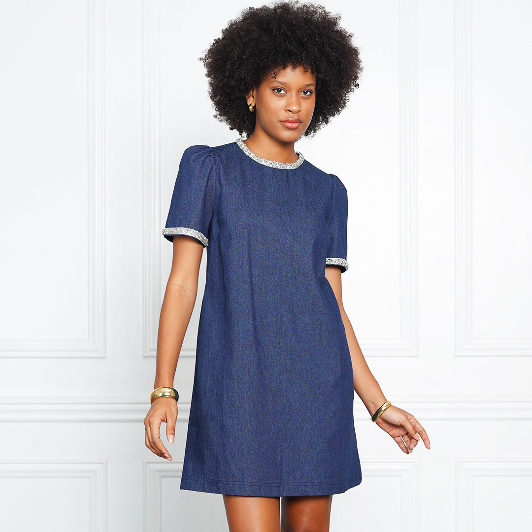 Gianna Elegant Tweed-Trim Denim Mini Dress