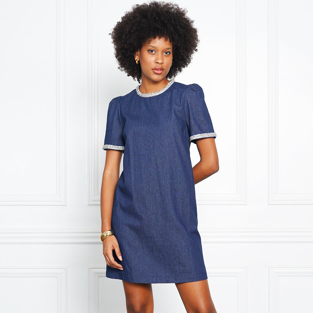 Gianna Elegant Tweed-Trim Denim Mini Dress