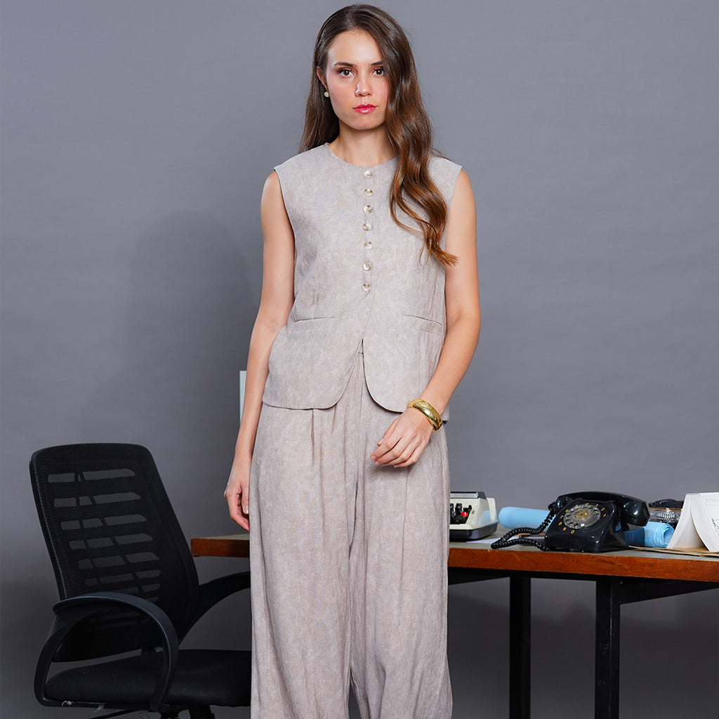Leilani Tailored Linen-Blend Vest & Wide-Leg Trouser Set