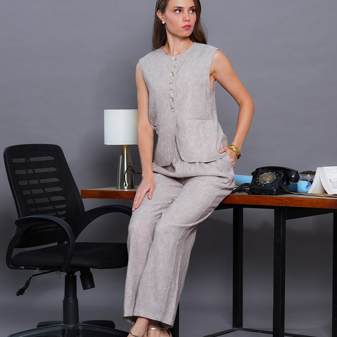 Leilani Tailored Linen-Blend Vest & Wide-Leg Trouser Set