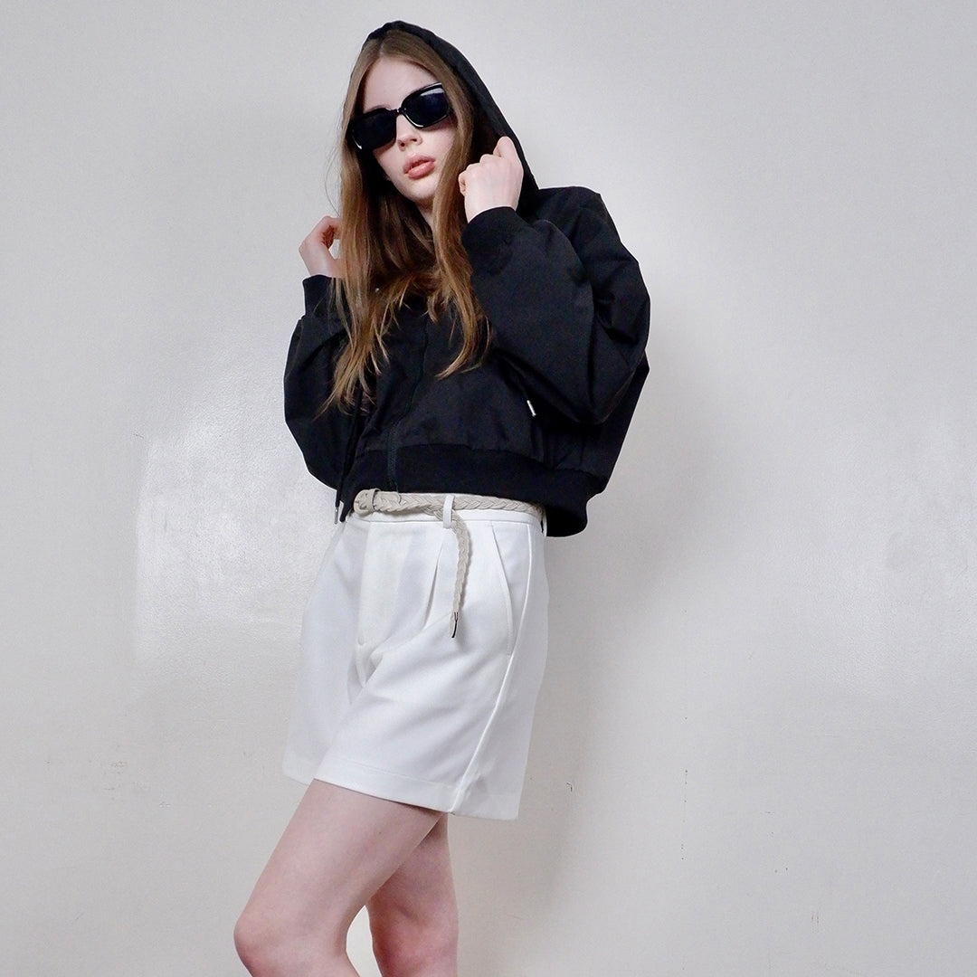 Fency Cropped Bomber Jacket with Drawstring Hood