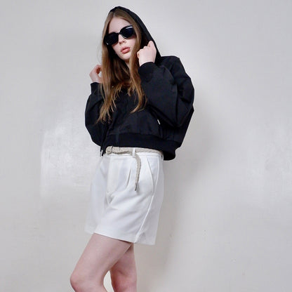 Fency Cropped Bomber Jacket with Drawstring Hood