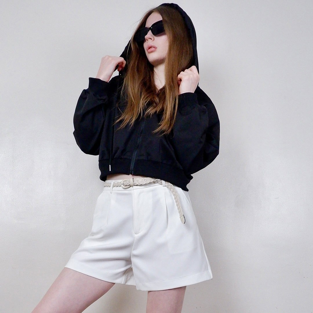 Fency Cropped Bomber Jacket with Drawstring Hood