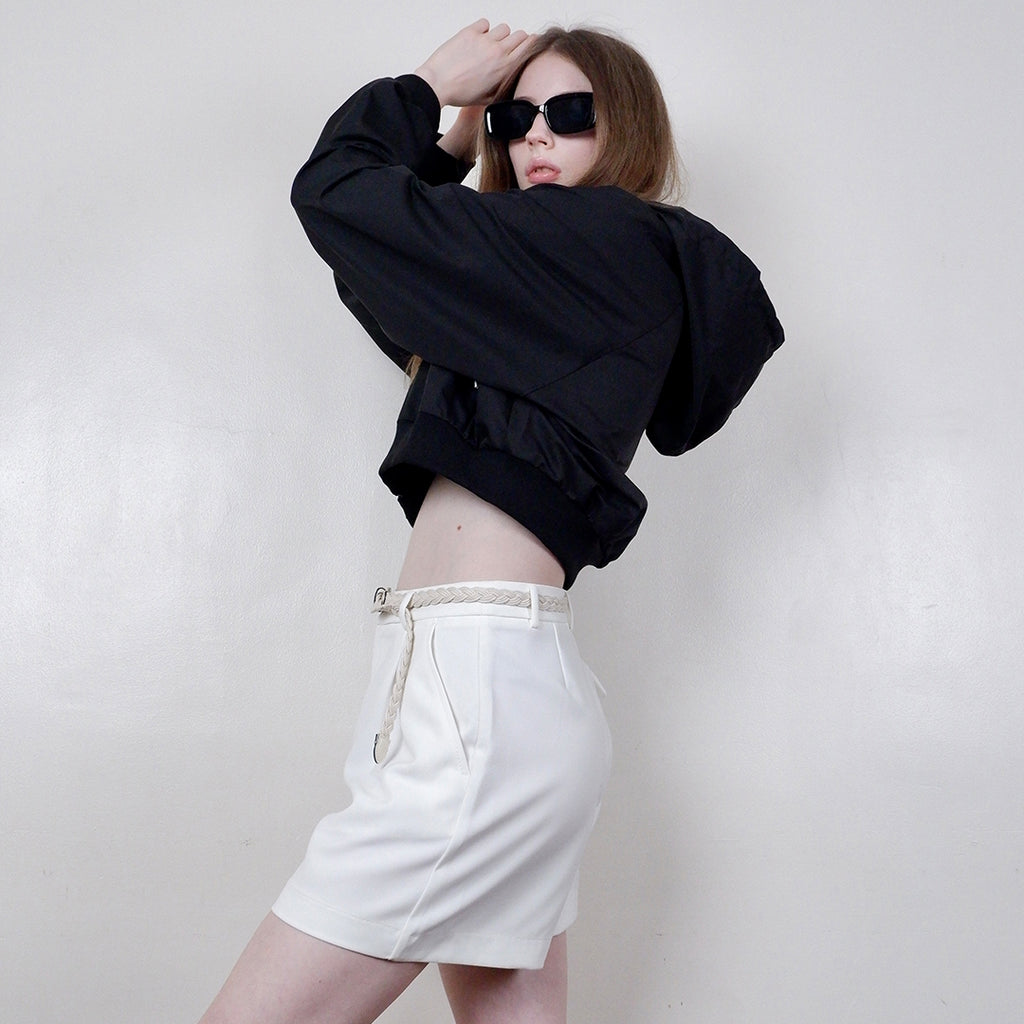 Fency Cropped Bomber Jacket with Drawstring Hood