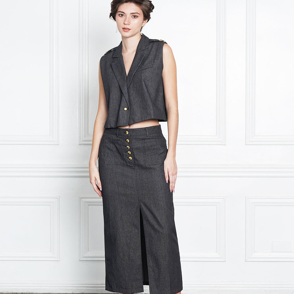Jeraldine Denim High-Slit Skirt with Gold Button