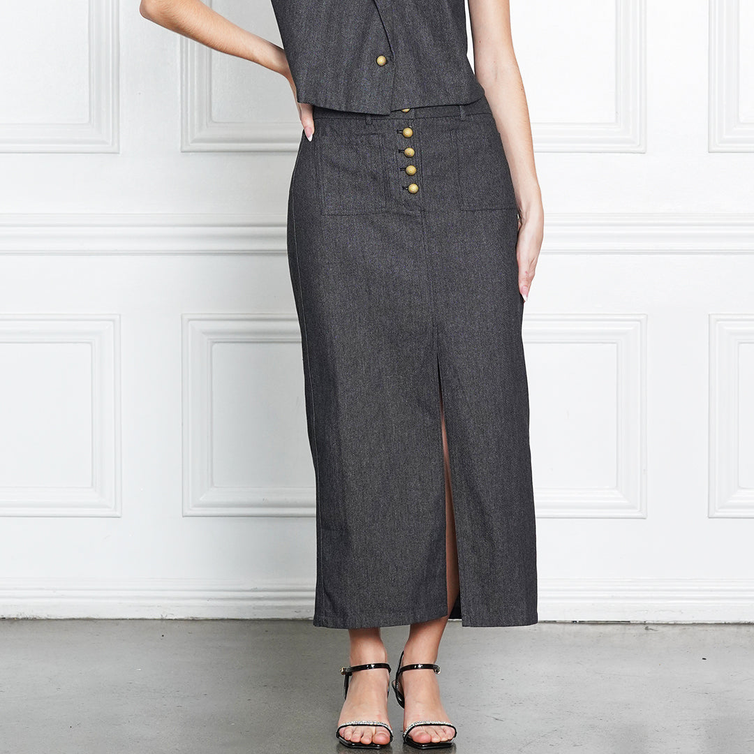 Jeraldine Denim High-Slit Skirt with Gold Button