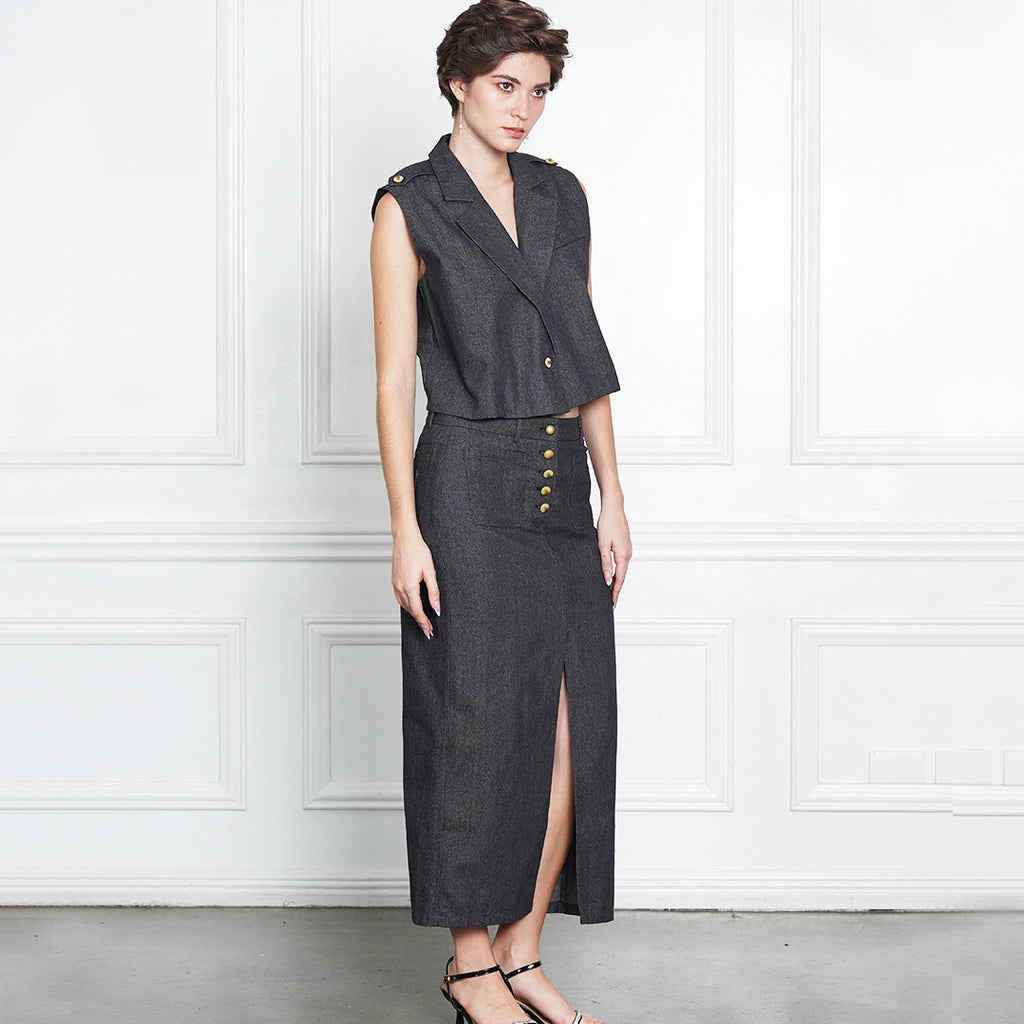 Jeraldine Denim High-Slit Skirt with Gold Button