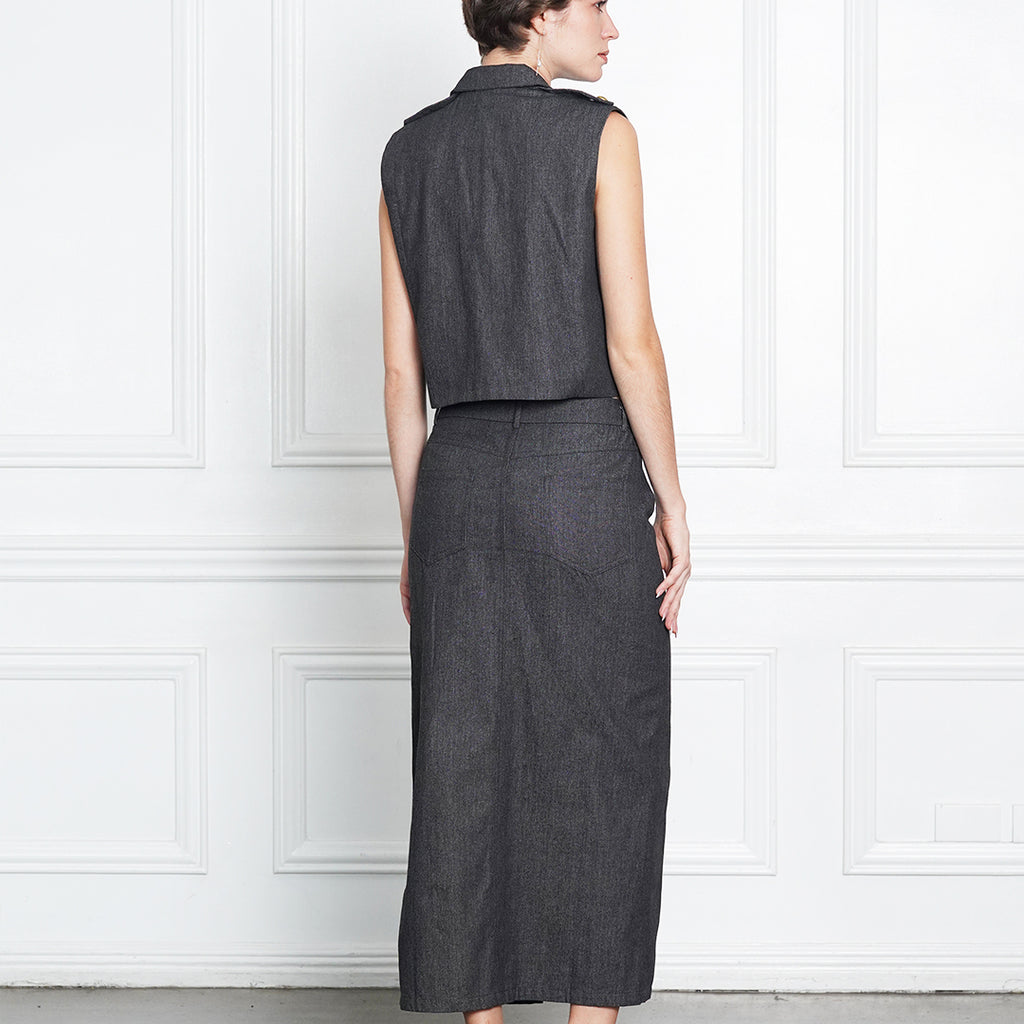 Jeraldine Denim High-Slit Skirt with Gold Button