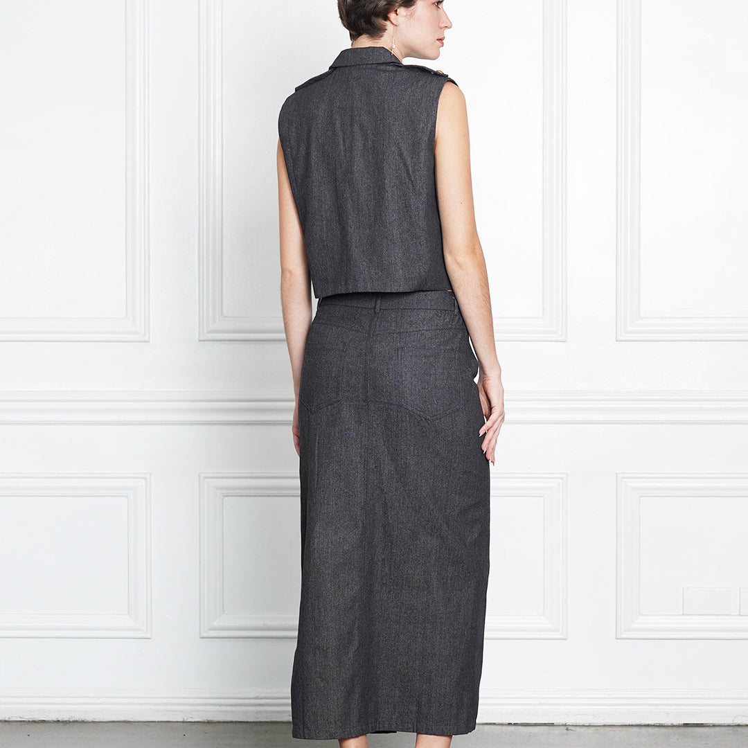 Jeraldine Denim High-Slit Skirt with Gold Button