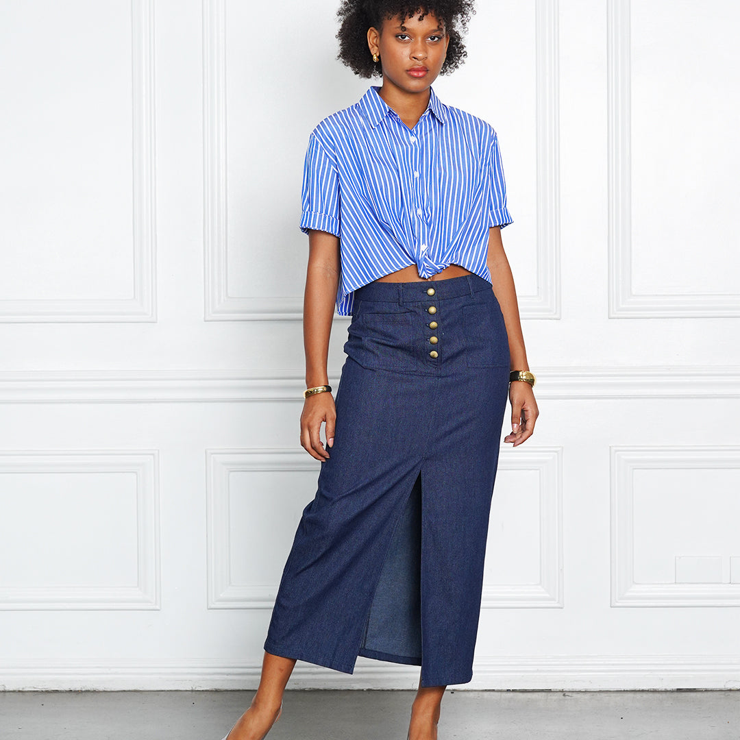 Jeraldine Denim High-Slit Skirt with Gold Button
