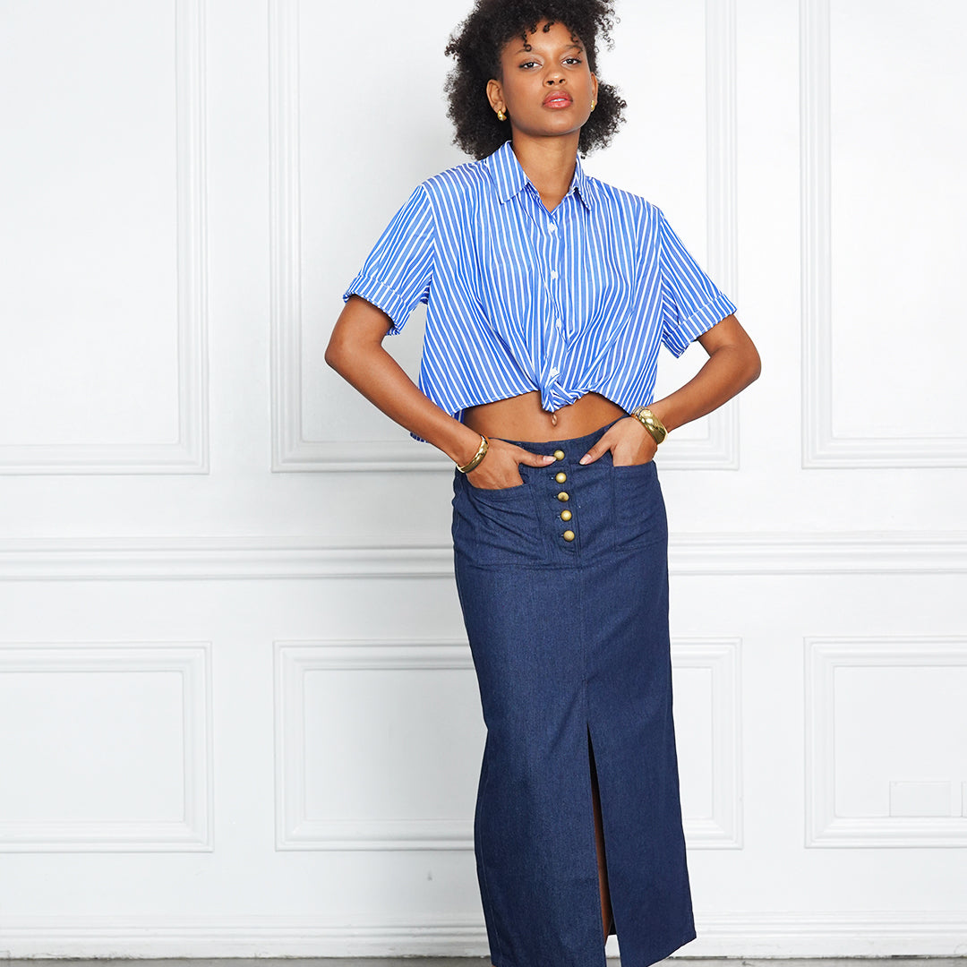 Jeraldine Denim High-Slit Skirt with Gold Button