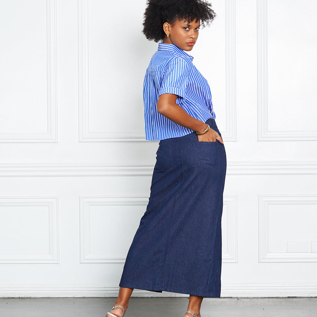Jeraldine Denim High-Slit Skirt with Gold Button