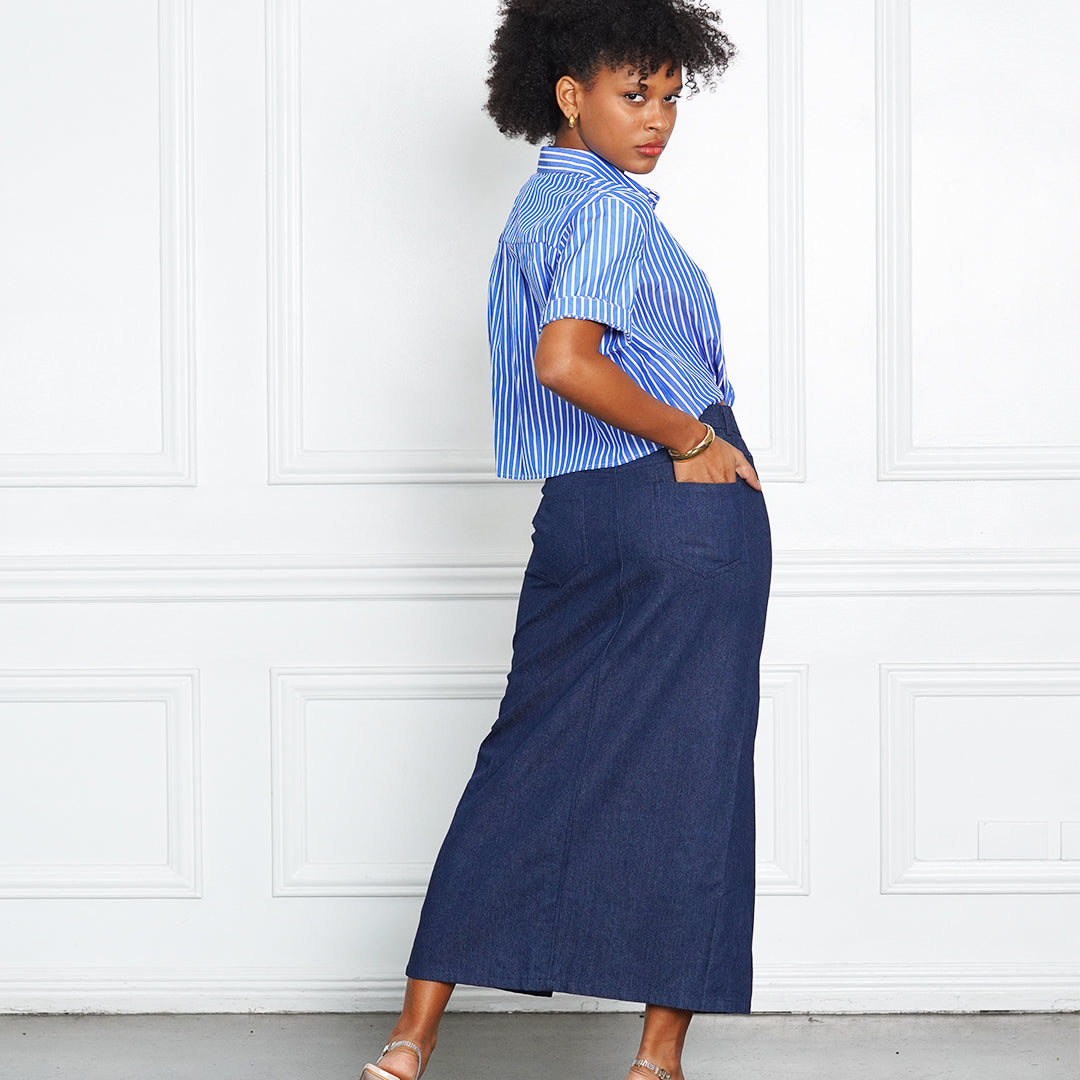 Jeraldine Denim High-Slit Skirt with Gold Button