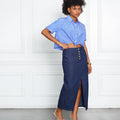Jeraldine Denim High-Slit Skirt with Gold Button