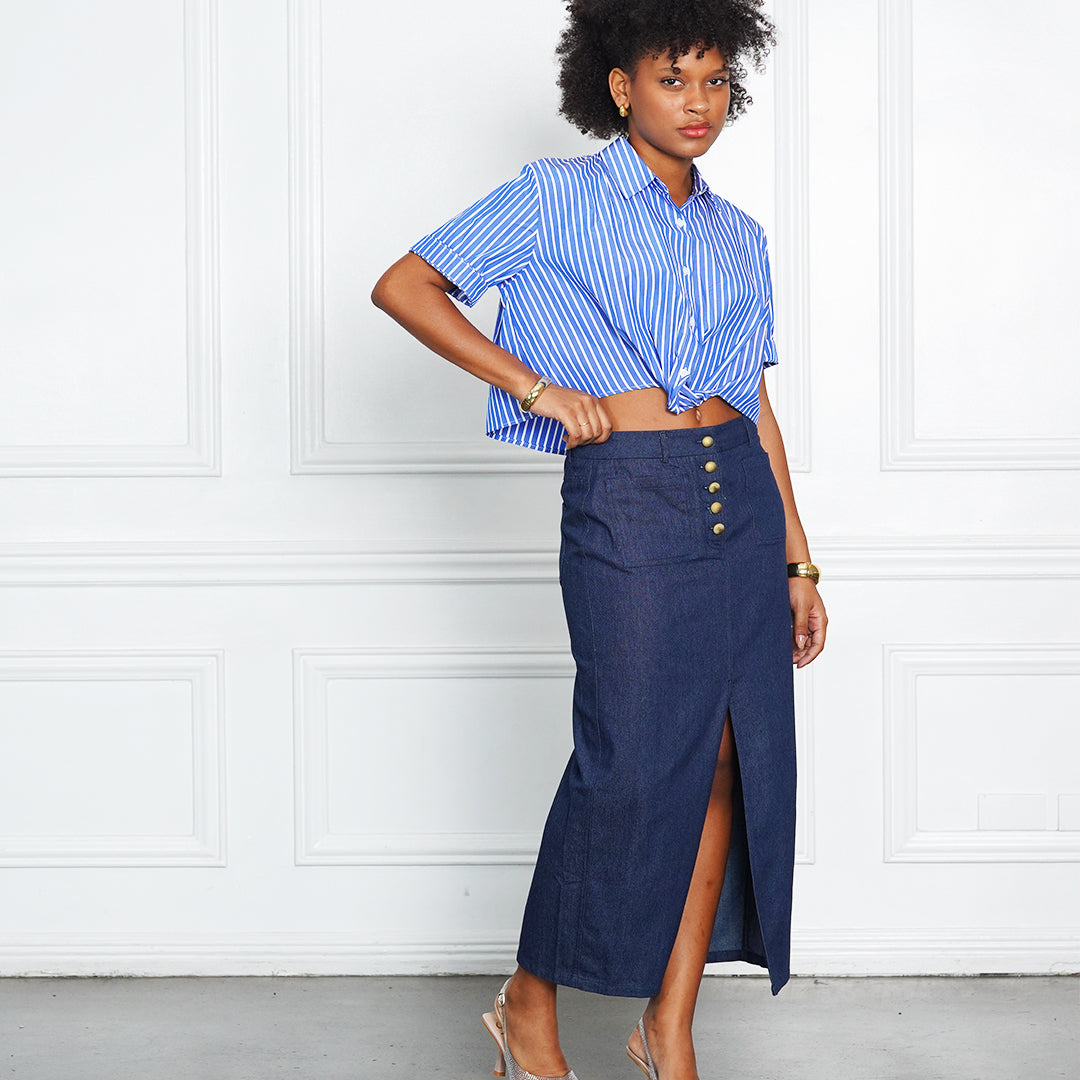 Jeraldine Denim High-Slit Skirt with Gold Button